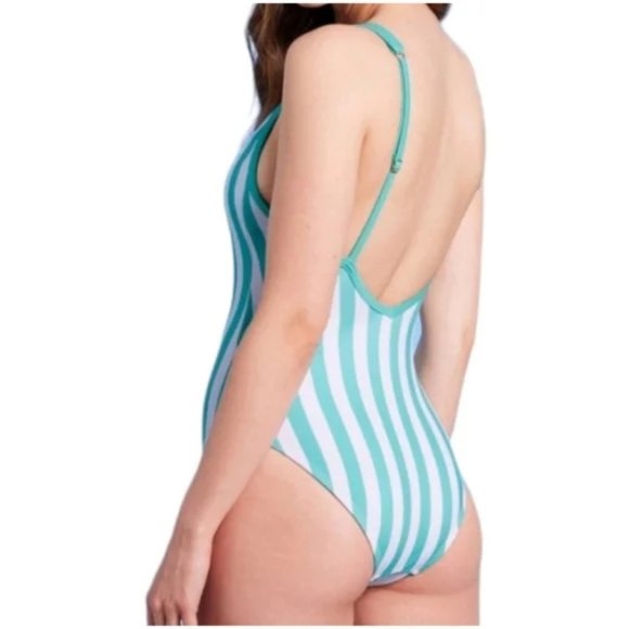 Kona Sol Aqua White Striped One Piece Swimsuit NWT Ladies Size Medium 8/10 - Picture 2 of 15